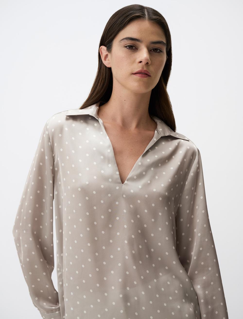 Polo Collar Long Sleeve Satin Blouse