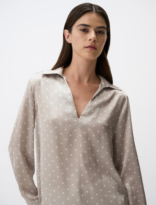 Polo Collar Long Sleeve Satin Blouse