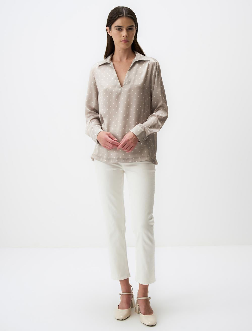 Polo Collar Long Sleeve Satin Blouse