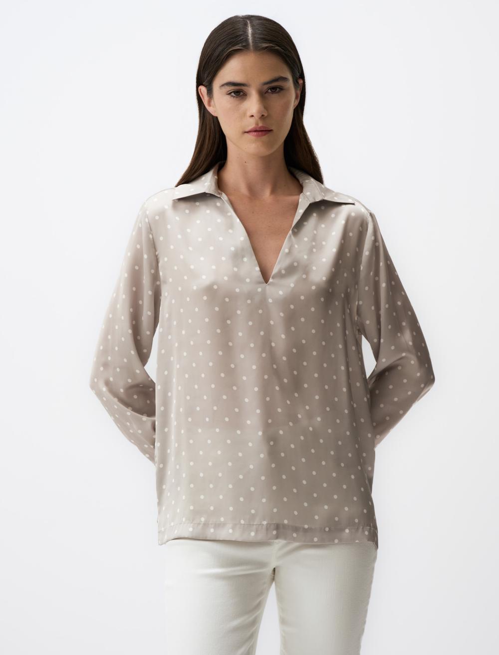 Polo Collar Long Sleeve Satin Blouse