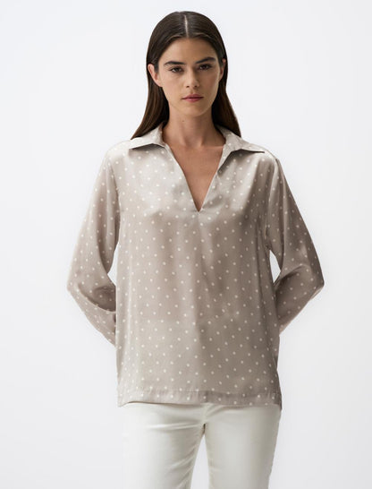 Polo Collar Long Sleeve Satin Blouse
