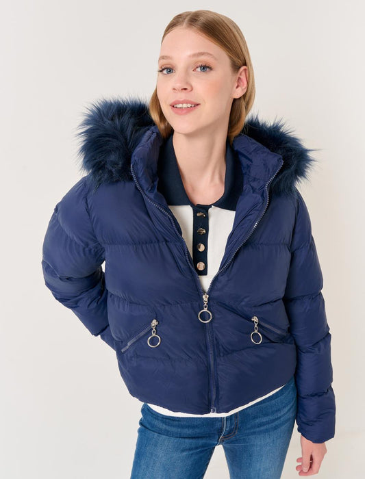 Long Sleeved Hooded Puffer Coat with Feather Detail