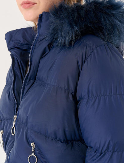 Long Sleeved Hooded Puffer Coat with Feather Detail