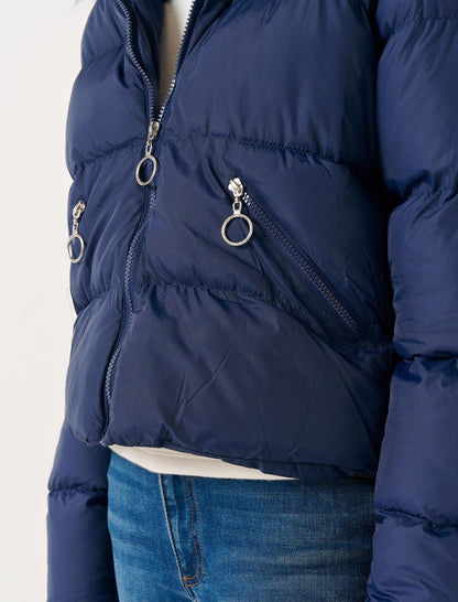 Long Sleeved Hooded Puffer Coat with Feather Detail