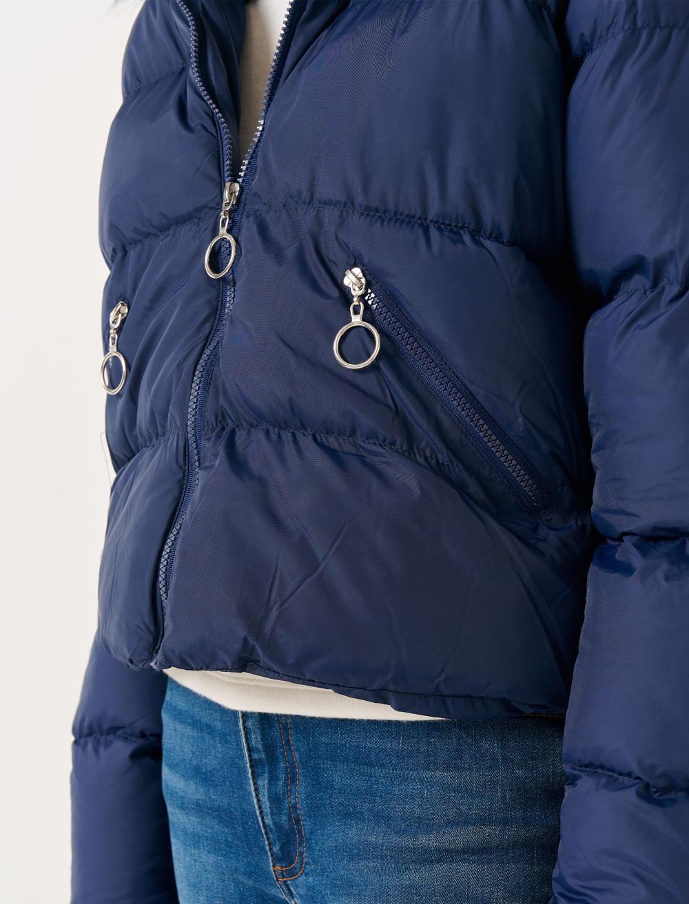 Long Sleeved Hooded Puffer Coat with Feather Detail