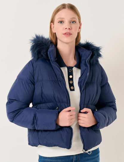 Long Sleeved Hooded Puffer Coat with Feather Detail