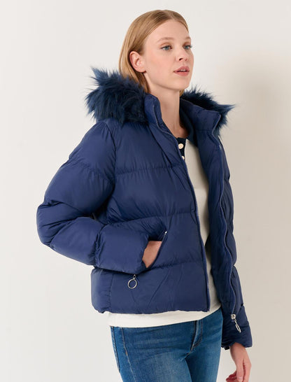 Long Sleeved Hooded Puffer Coat with Feather Detail