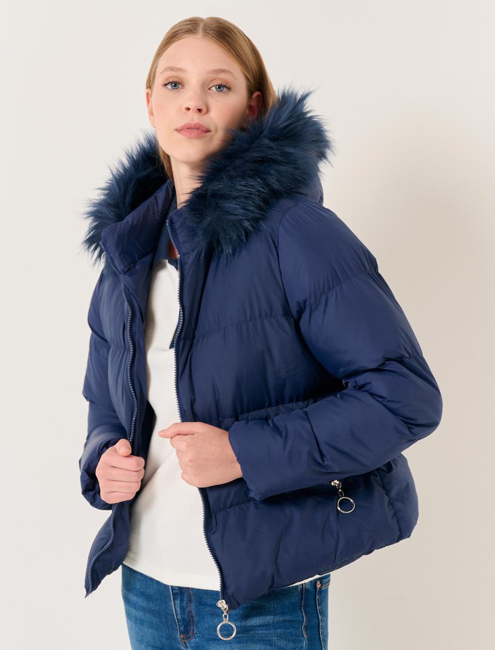 Long Sleeved Hooded Puffer Coat with Feather Detail - 23WM081101