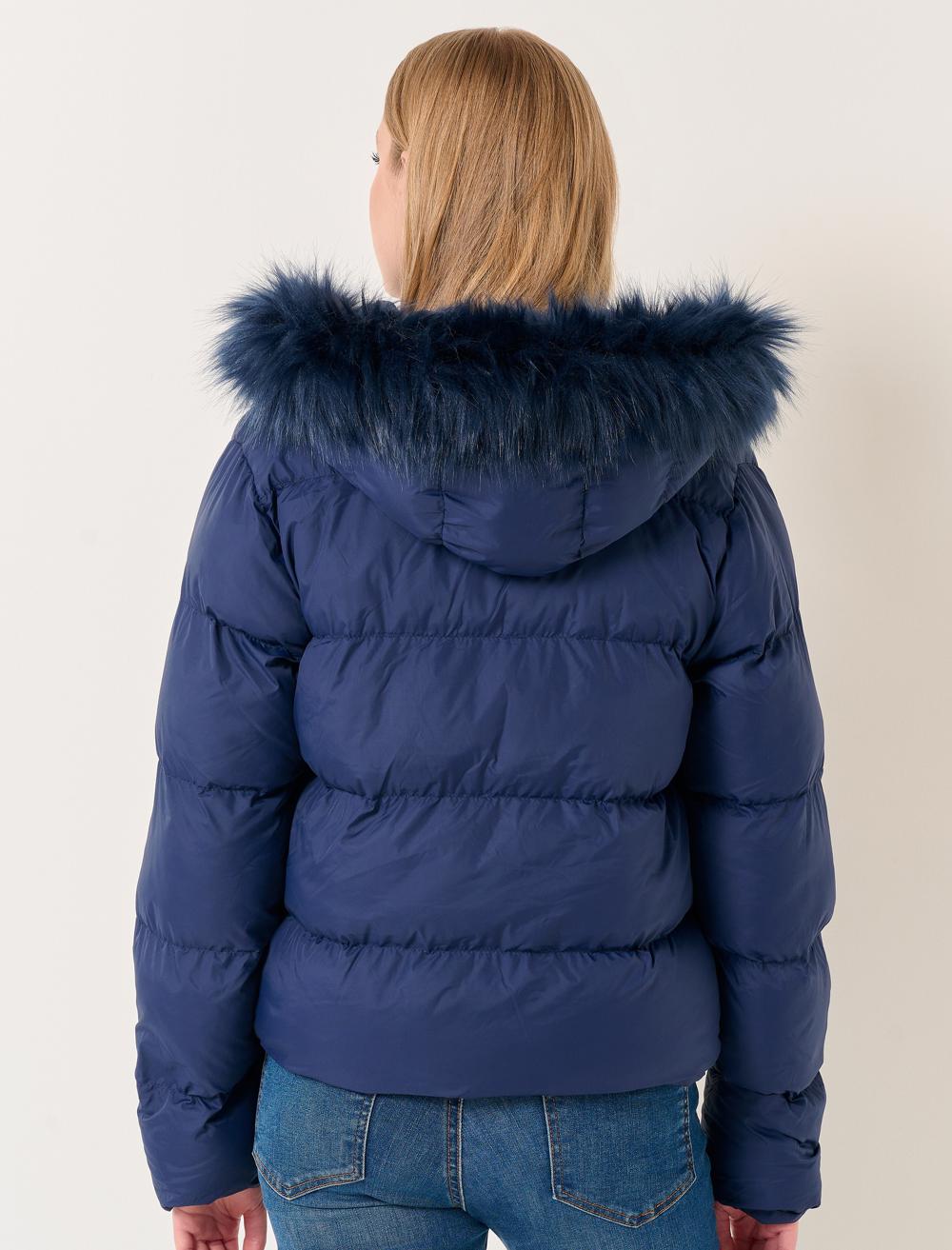 Long Sleeved Hooded Puffer Coat with Feather Detail - 23WM081101