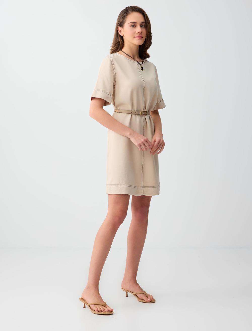 Loose Fit Crew Neck Short Sleeve Dress - Stone - 6SW066705928