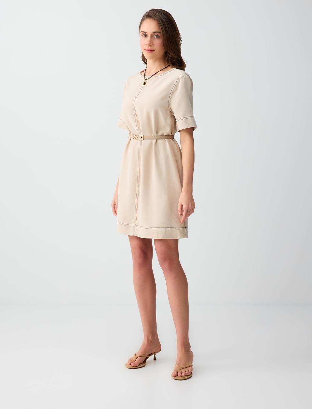 Loose Fit Crew Neck Short Sleeve Dress - Stone - 6SW066705928