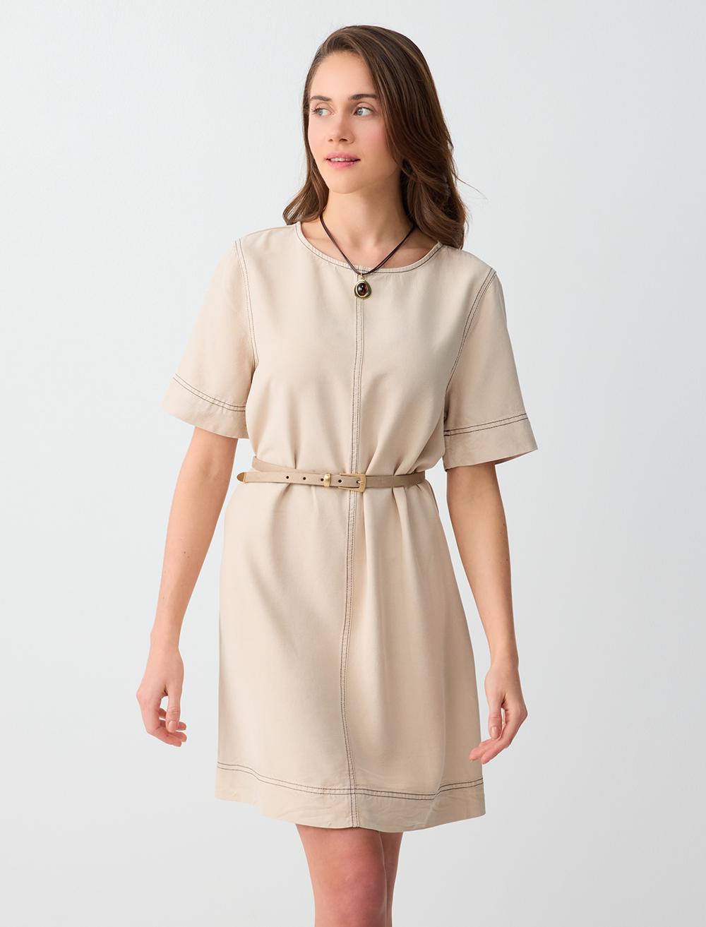 Loose Fit Crew Neck Short Sleeve Dress - Stone - 6SW066705928