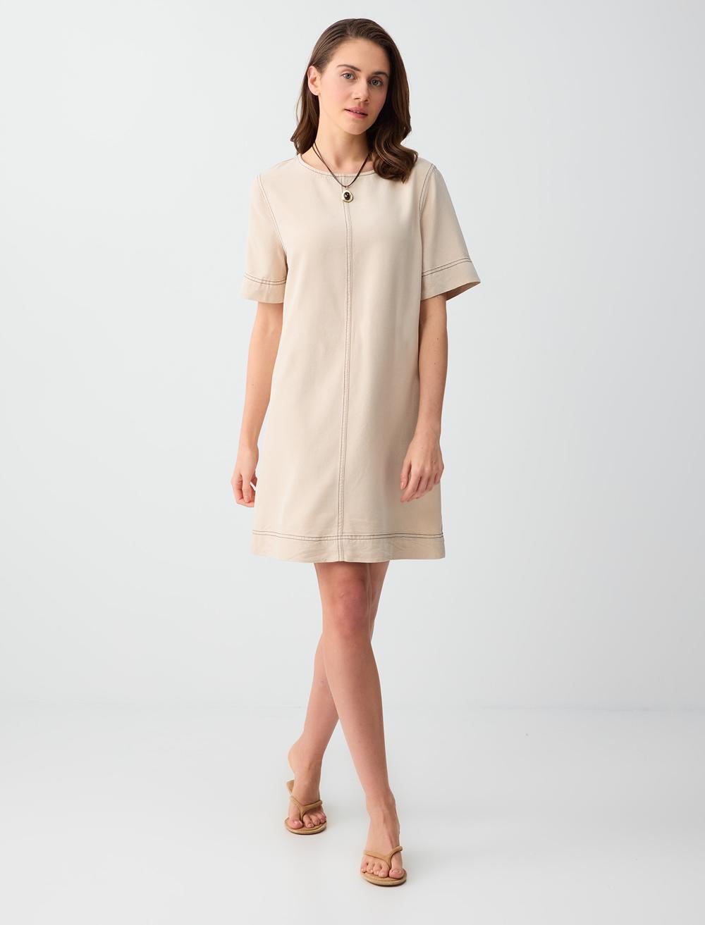 Loose Fit Crew Neck Short Sleeve Dress - Stone - 6SW066705928