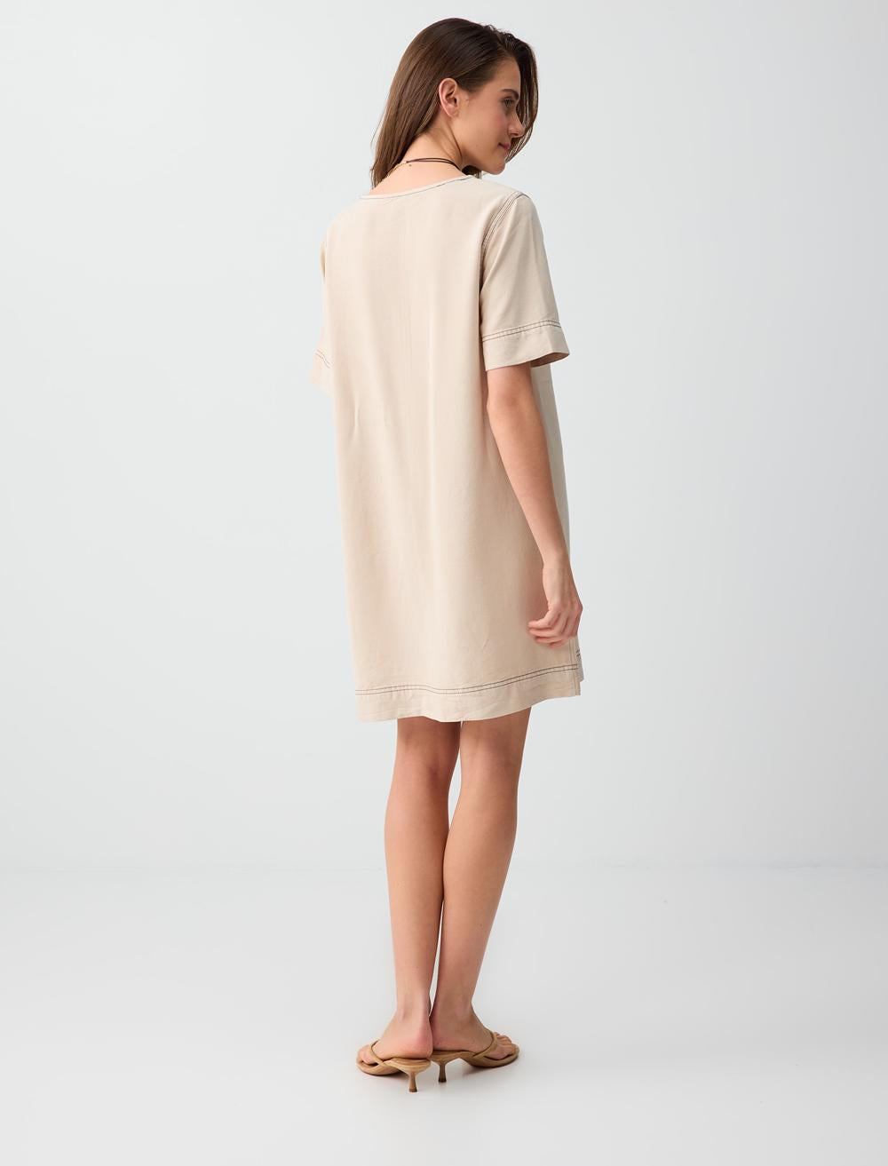 Loose Fit Crew Neck Short Sleeve Dress - Stone - 6SW066705928