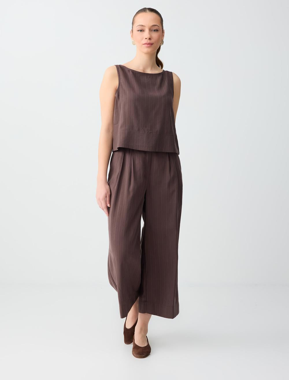 Relaxed Fit Striped Pants - Aci Kahve