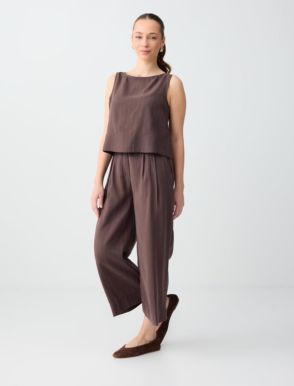 Relaxed Fit Striped Pants - Aci Kahve