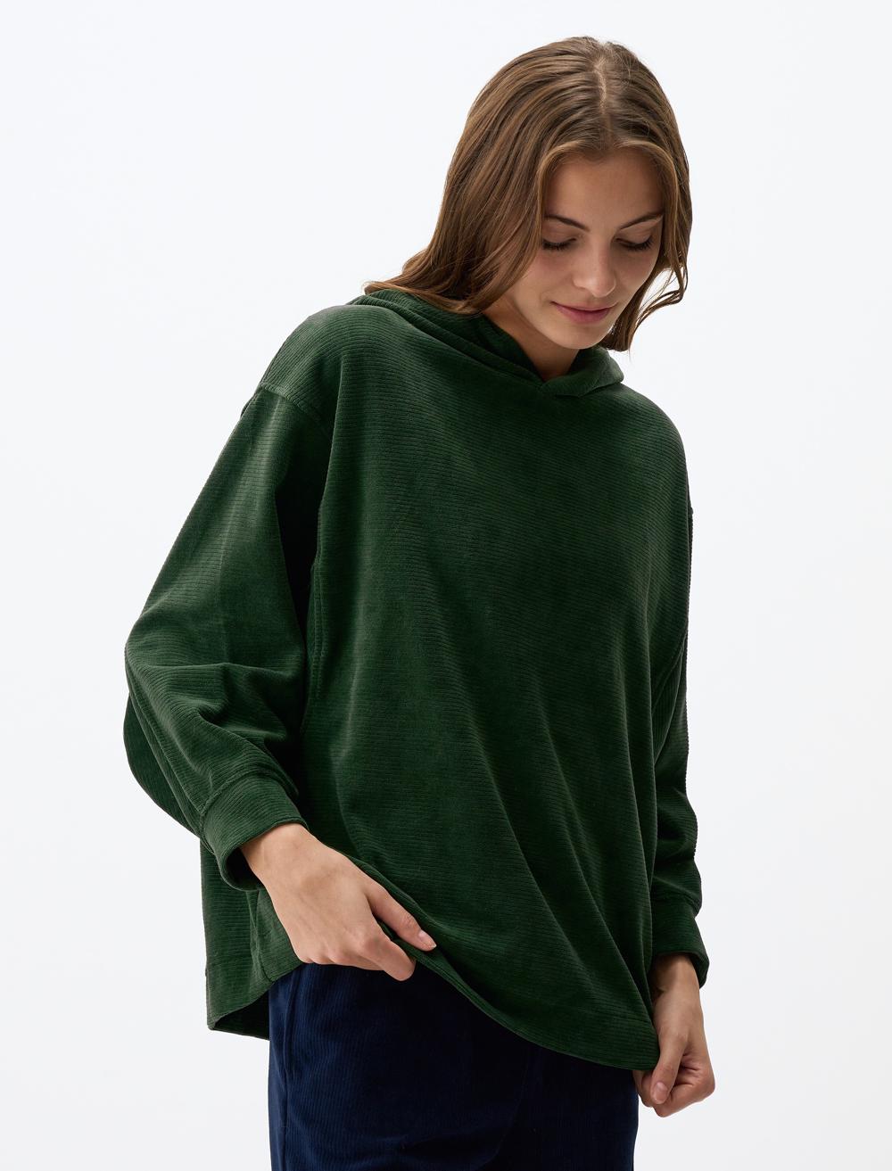 Loose Fit Hood Long-Sleeve Sweatshirt - Dark Green