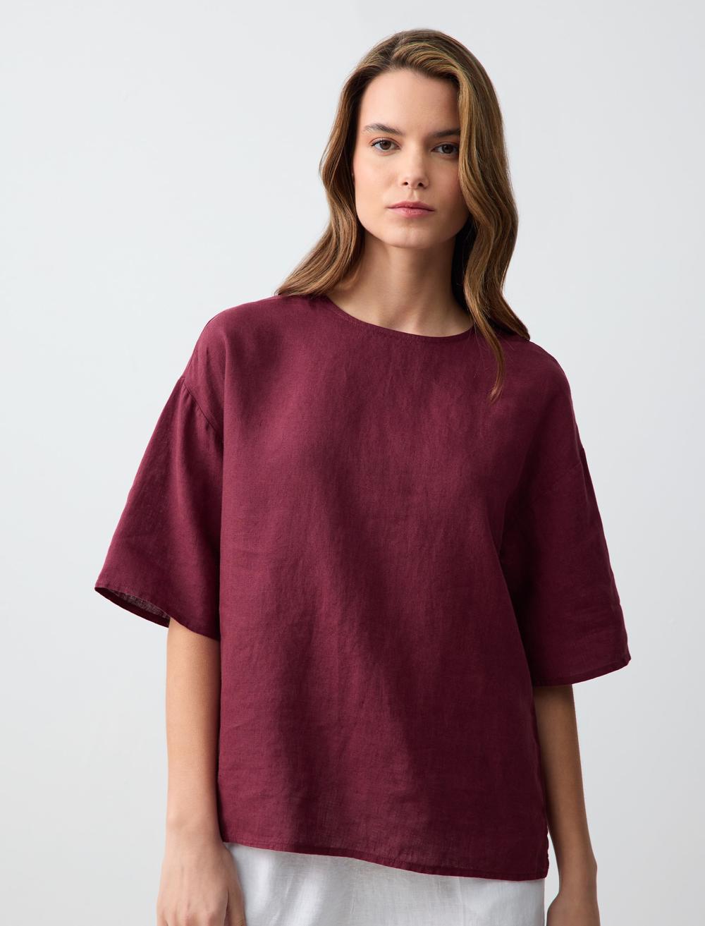 Loose Fit Crew Neck Short-Sleeve Blouse - 5SW032574