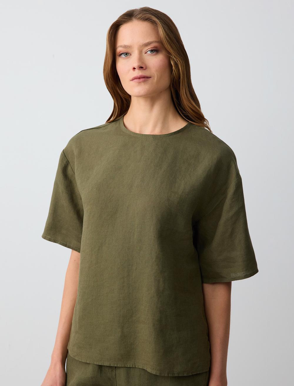 Loose Fit Crew Neck Short-Sleeve Blouse - Khaki