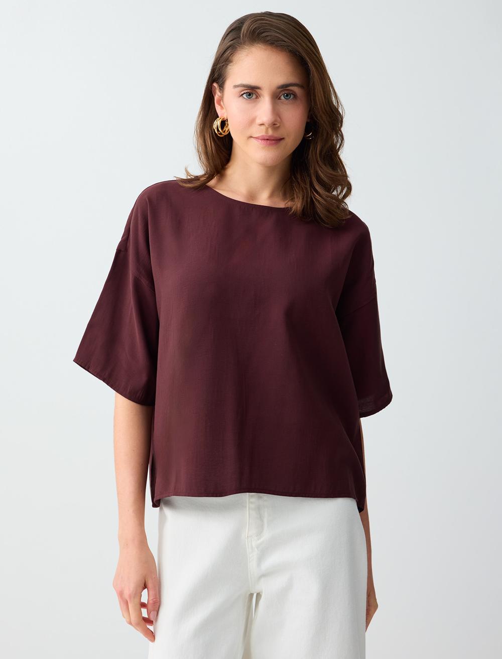 Loose Fit Short Sleeve Blouse - Burgundy - 6SW036562562