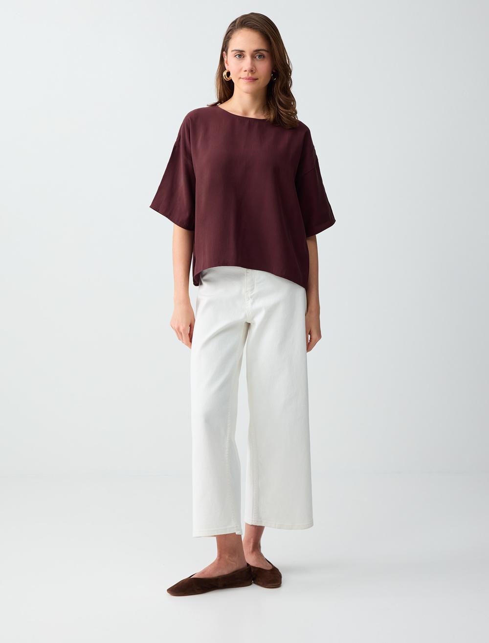 Loose Fit Short Sleeve Blouse - Burgundy - 6SW036562562
