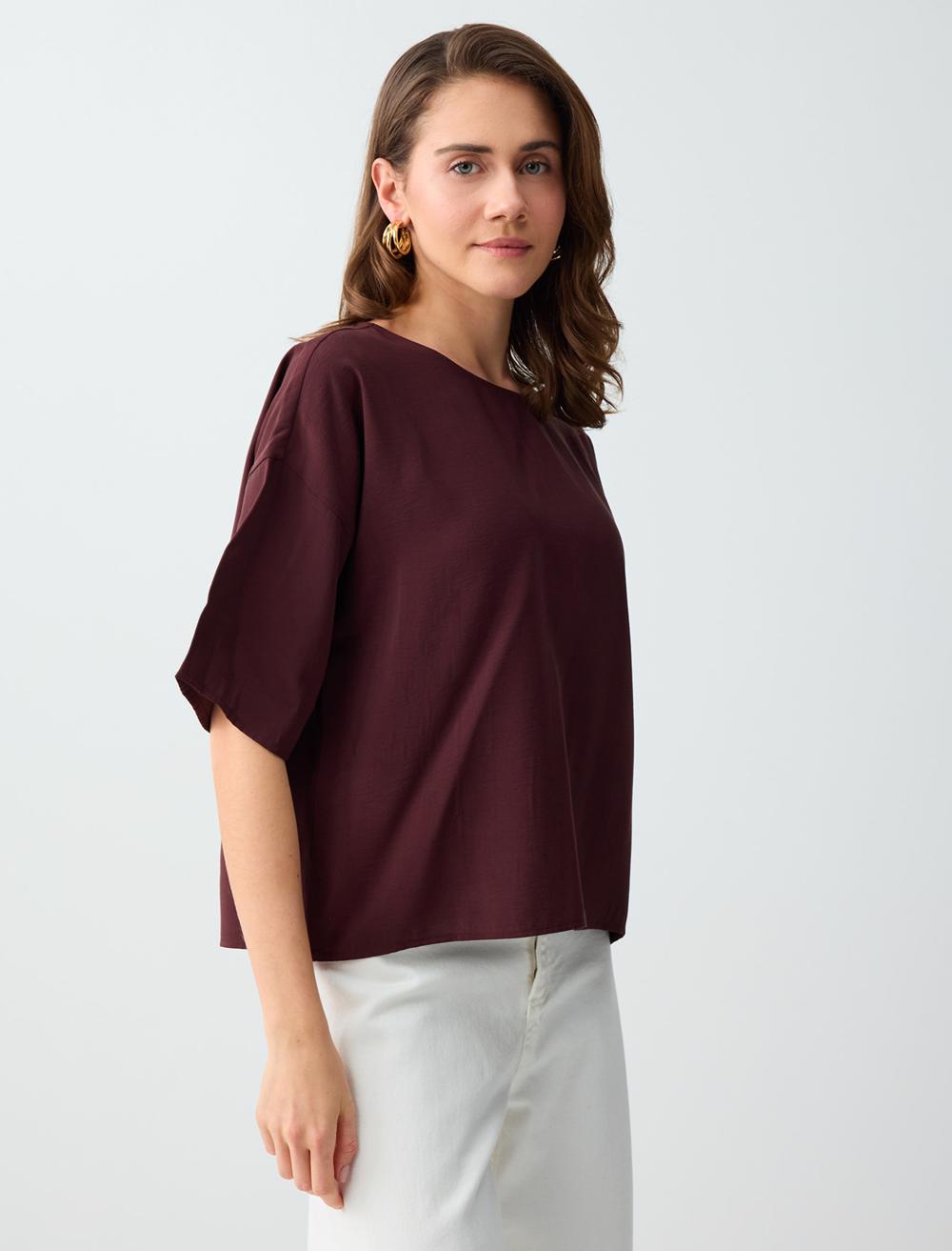 Loose Fit Short Sleeve Blouse - Burgundy - 6SW036562562