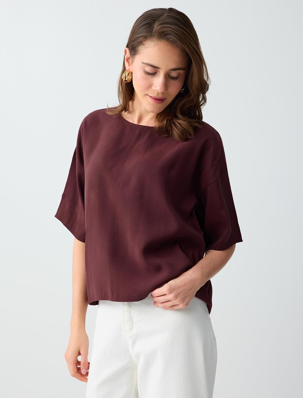 Loose Fit Short Sleeve Blouse - Burgundy - 6SW036562562