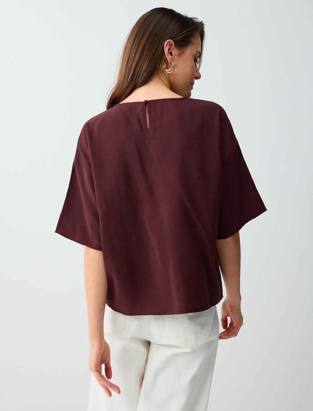 Loose Fit Short Sleeve Blouse - Burgundy - 6SW036562562