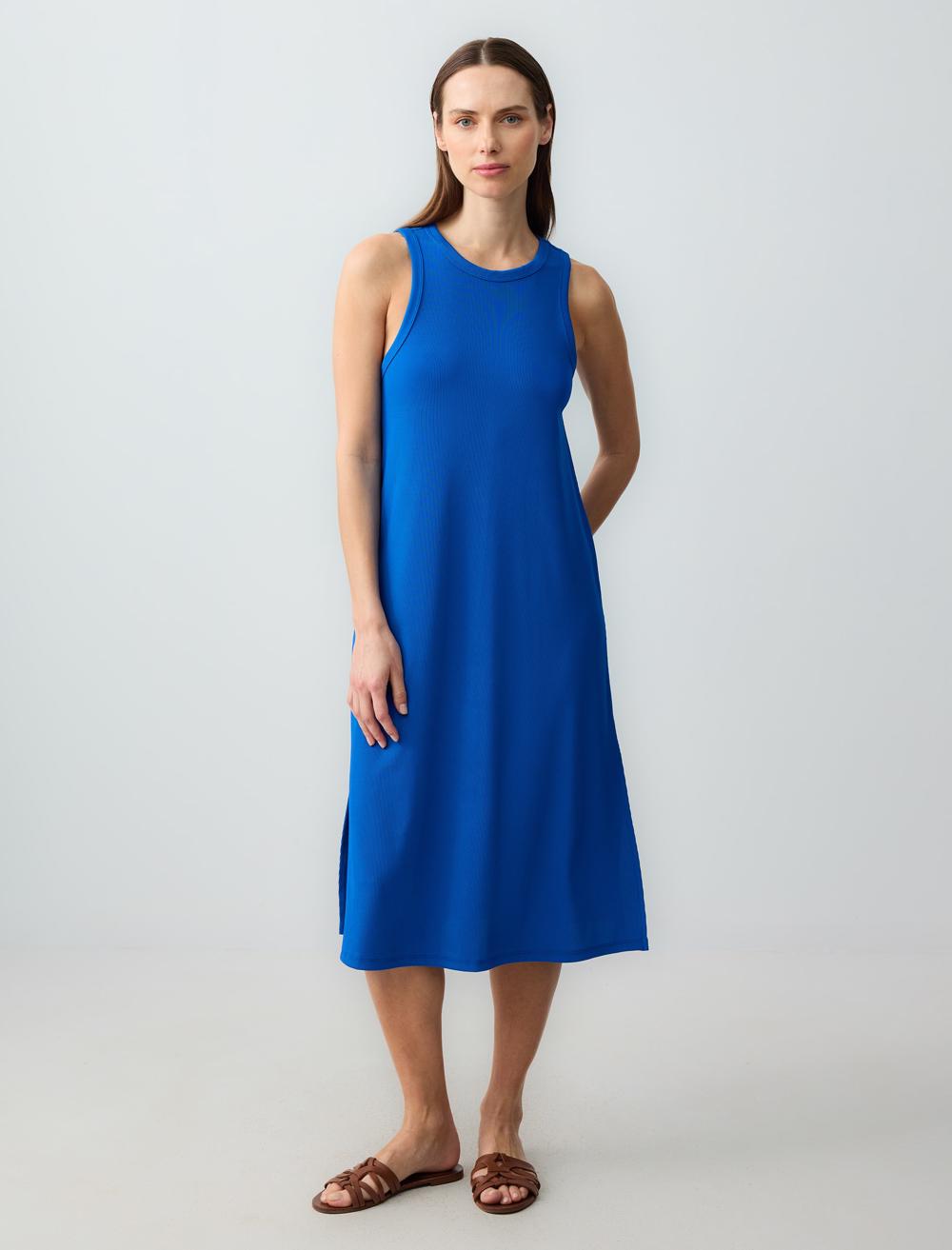 Loose Fit Crew Neck Sleeveless-Sleeve Dress - Blue