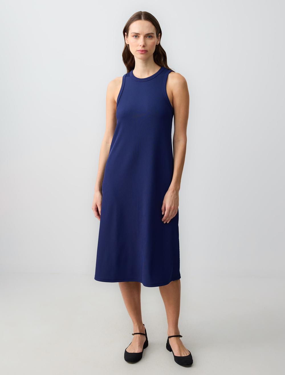 Loose Fit Crew Neck Sleeveless-Sleeve Dress - Dark Blue
