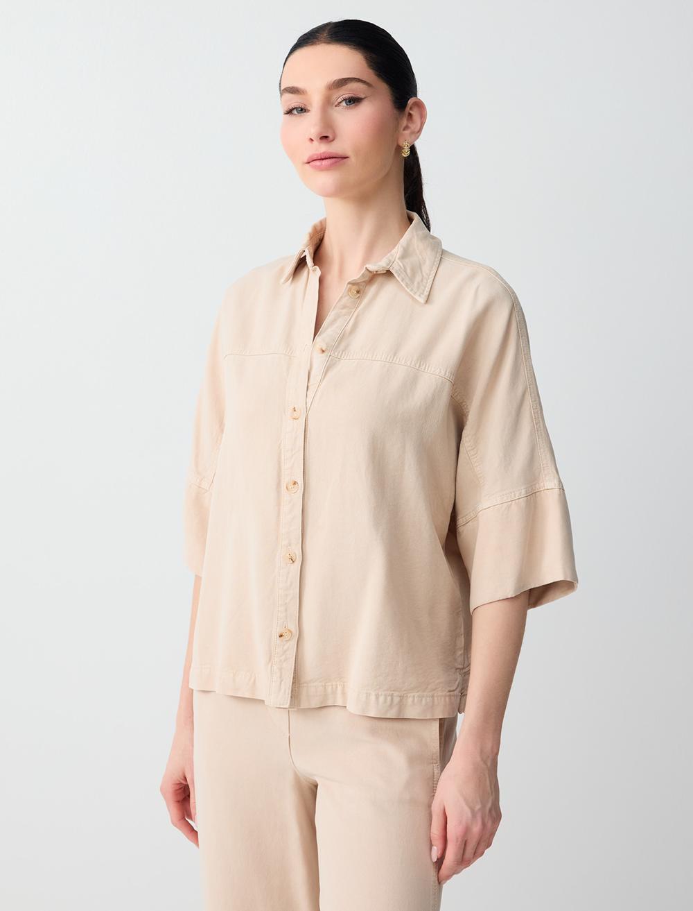 Loose Fit Shirt Collar 3/4 Sleeve Shirt - Stone - 6SW086678928