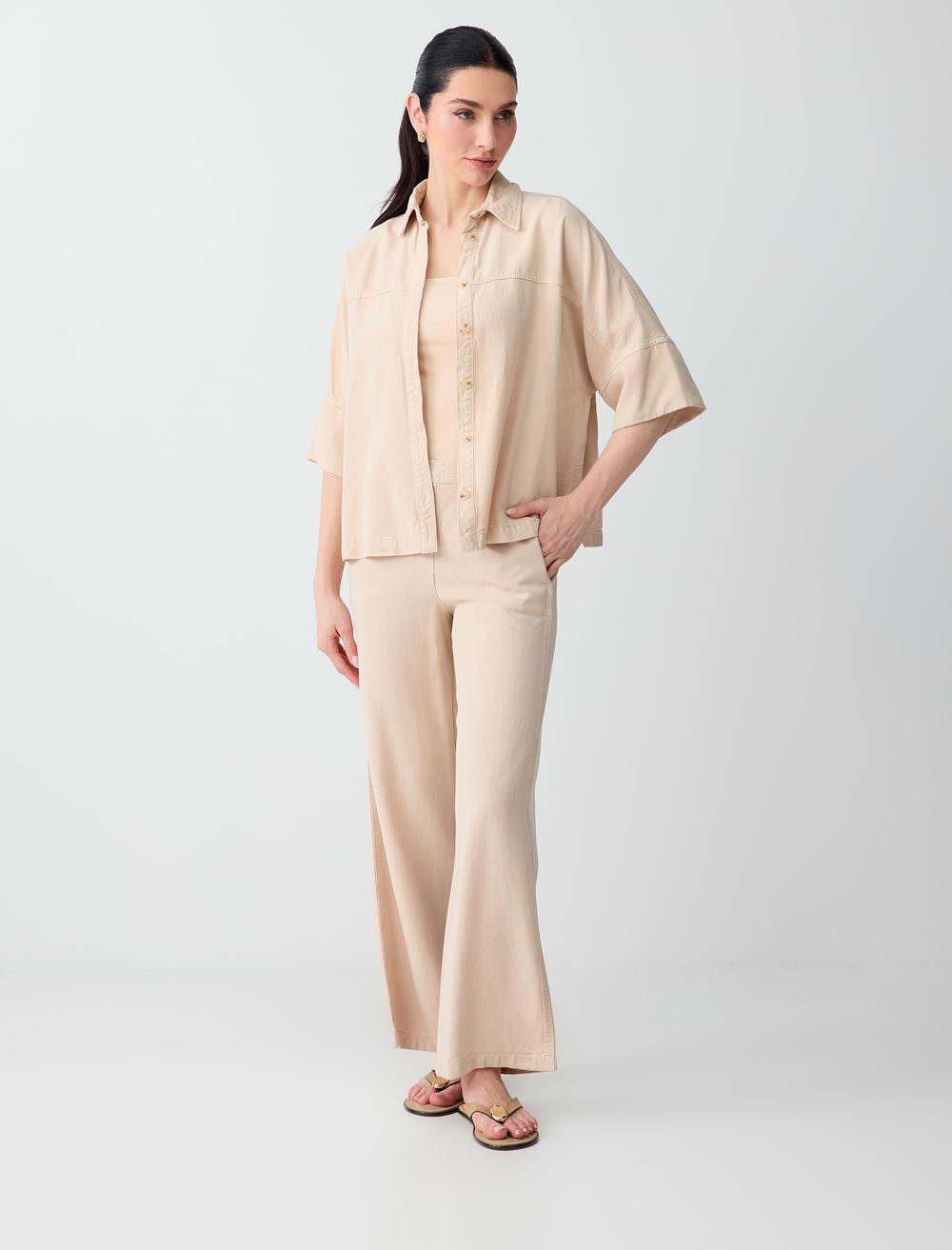 Loose Fit Shirt Collar 3/4 Sleeve Shirt - Stone - 6SW086678928
