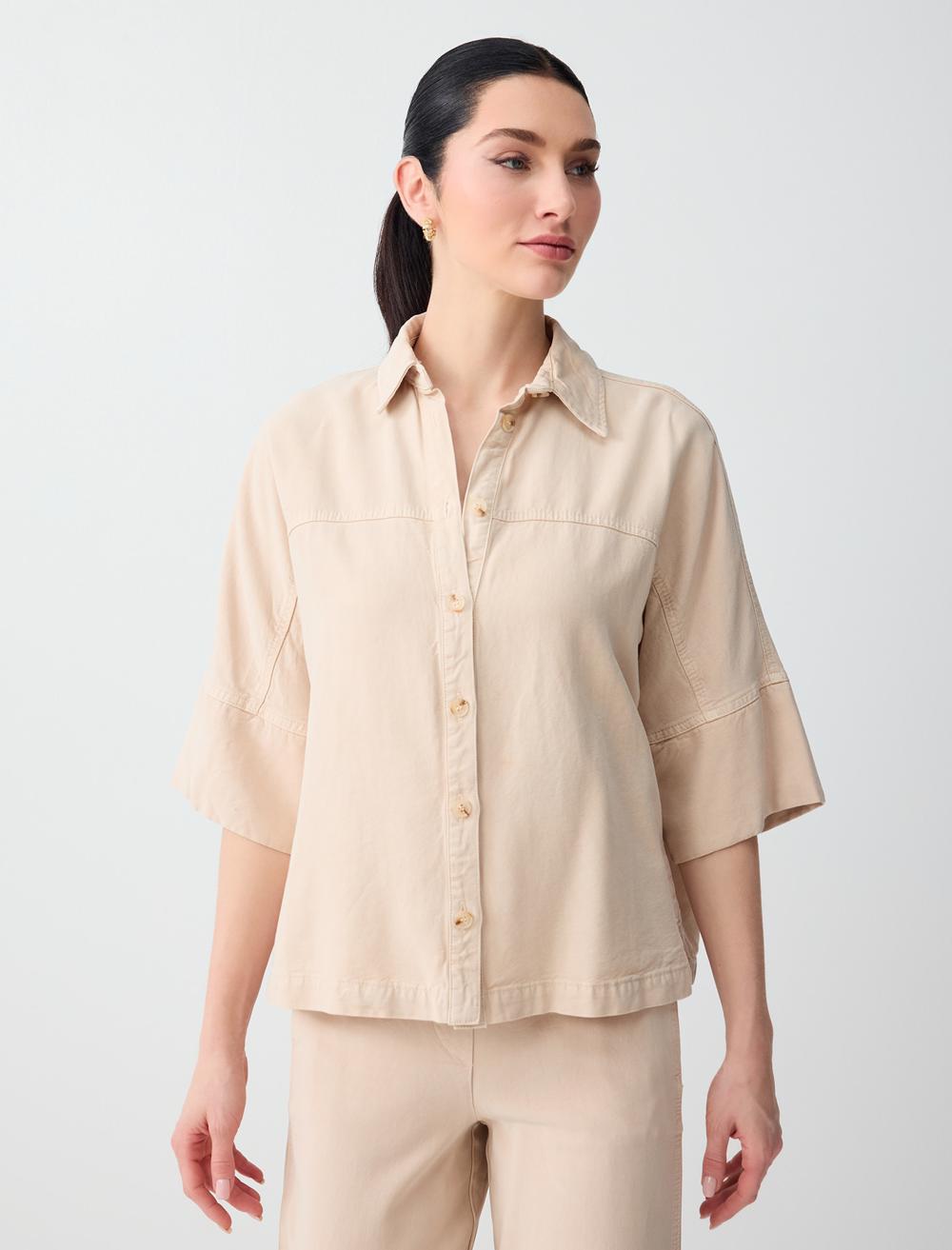 Loose Fit Shirt Collar 3/4 Sleeve Shirt - Stone - 6SW086678928