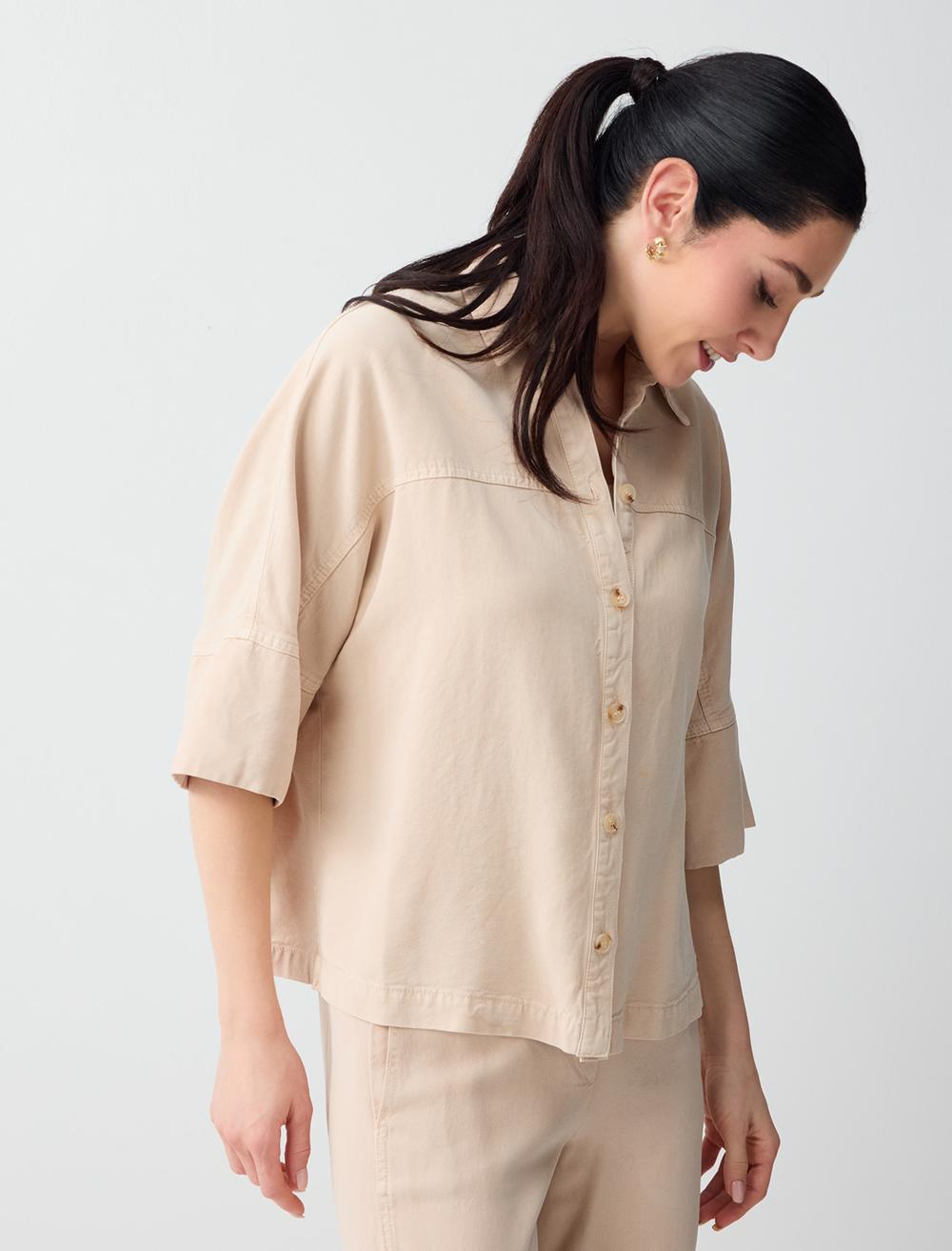 Loose Fit Shirt Collar 3/4 Sleeve Shirt - Stone - 6SW086678928