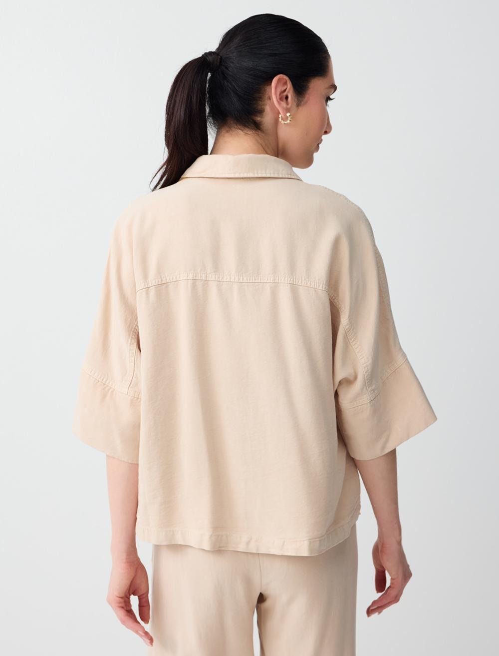 Loose Fit Shirt Collar 3/4 Sleeve Shirt - Stone - 6SW086678928