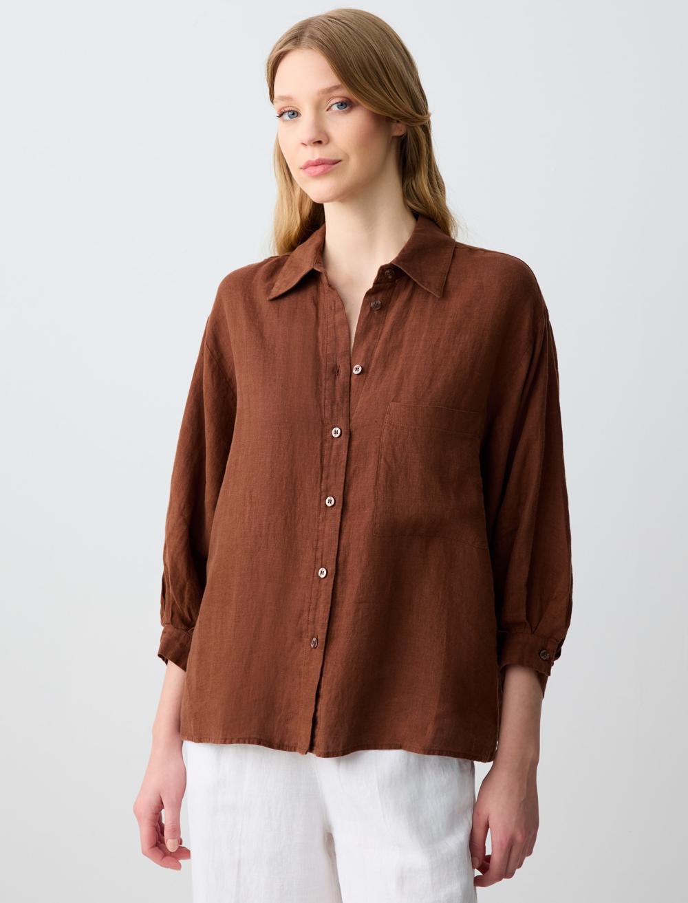 Loose Fit Shirt Collar 3/4 Length-Sleeve Shirt - 5SW082587