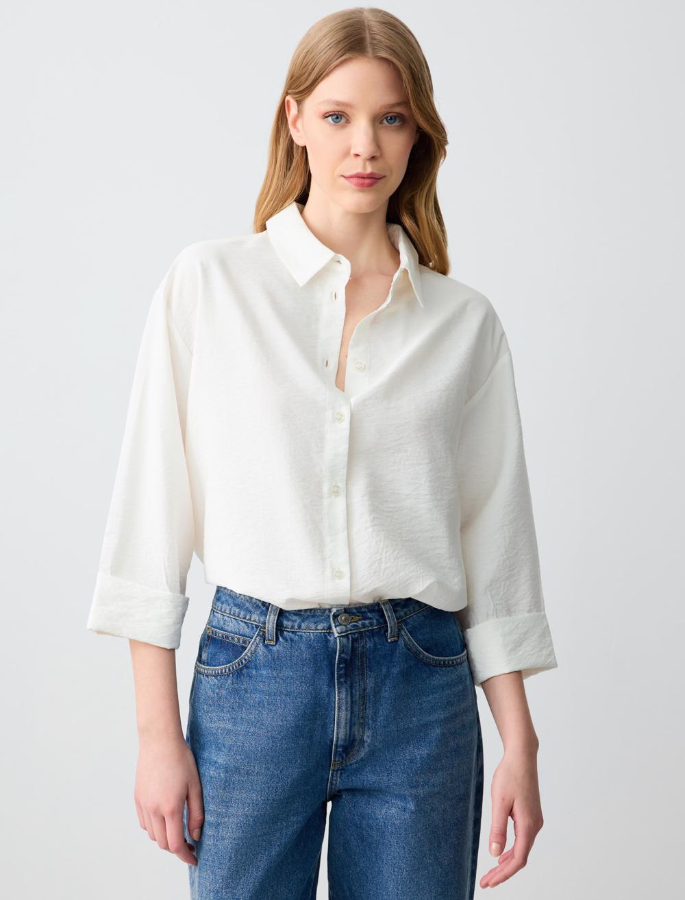 Loose Fit Shirt Collar 3/4 Length-Sleeve Shirt - Ecru