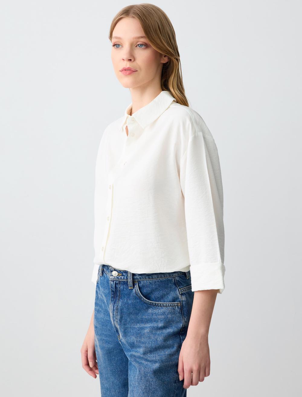 Loose Fit Shirt Collar 3/4 Length-Sleeve Shirt - 5SW083295