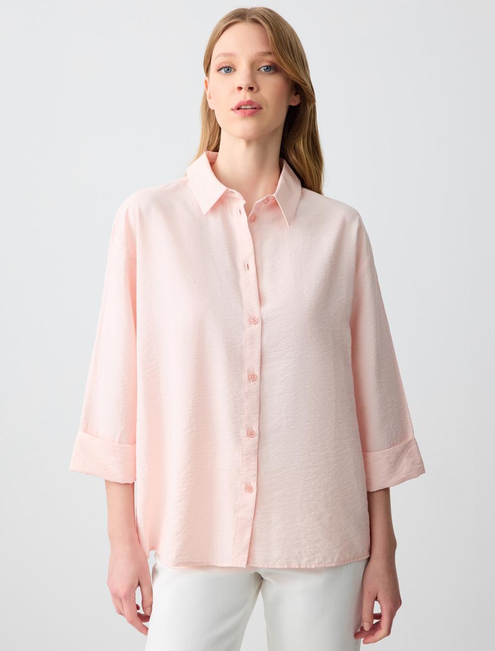 Loose Fit Shirt Collar 3/4 Length-Sleeve Shirt - 5SW083295