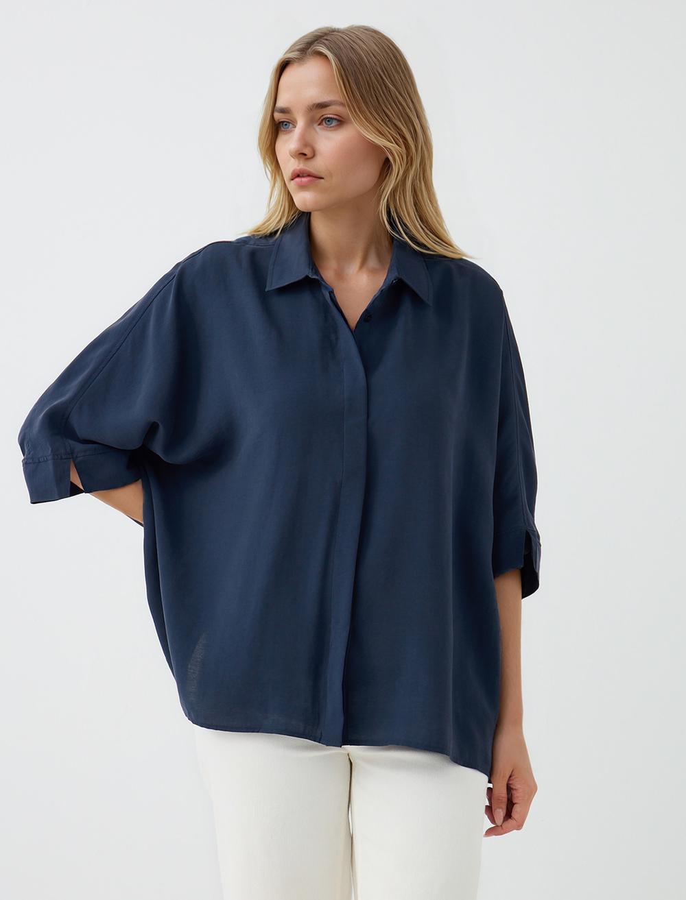 Loose Fit Shirt Collar 3/4 Length-Sleeve Shirt - 5SW084132