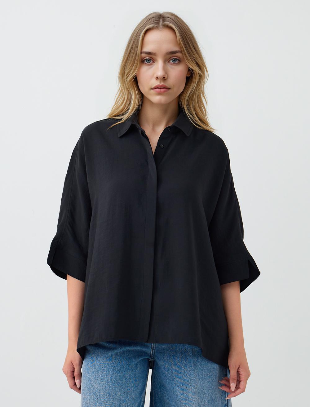 Loose Fit Shirt Collar 3/4 Length-Sleeve Shirt - Black
