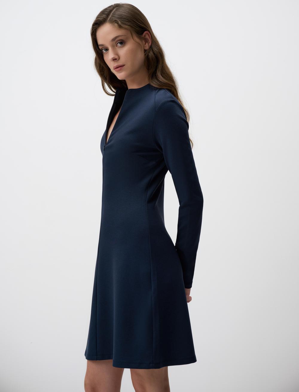Slim Fit Long-Sleeve Dress - Dark Blue - 4WW131722494