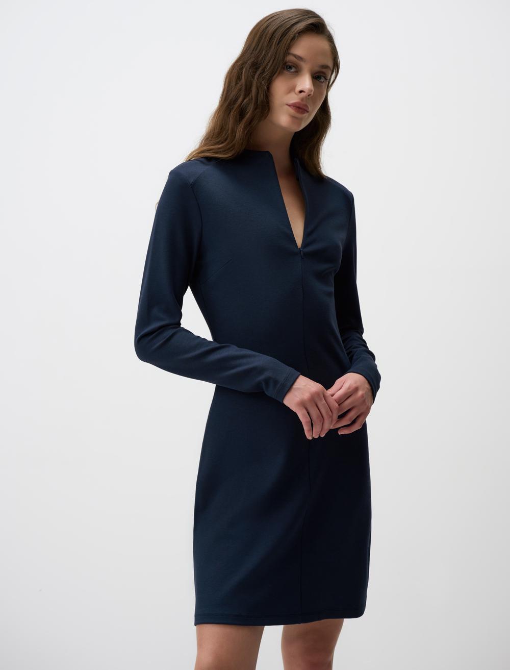 Slim Fit Long-Sleeve Dress - Dark Blue - 4WW131722494