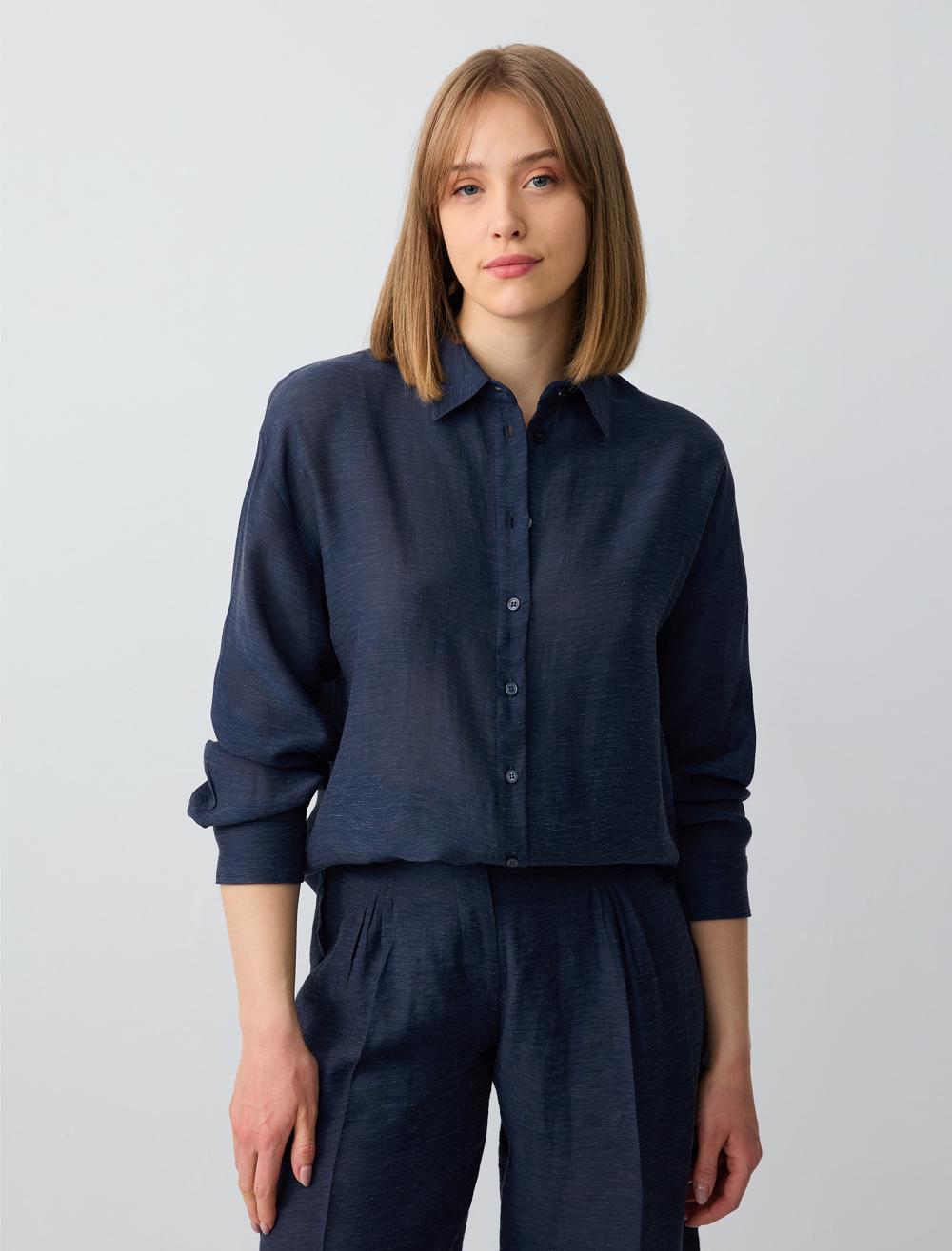Loose Fit Shirt Collar Long-Sleeve Shirt - Dark Blue