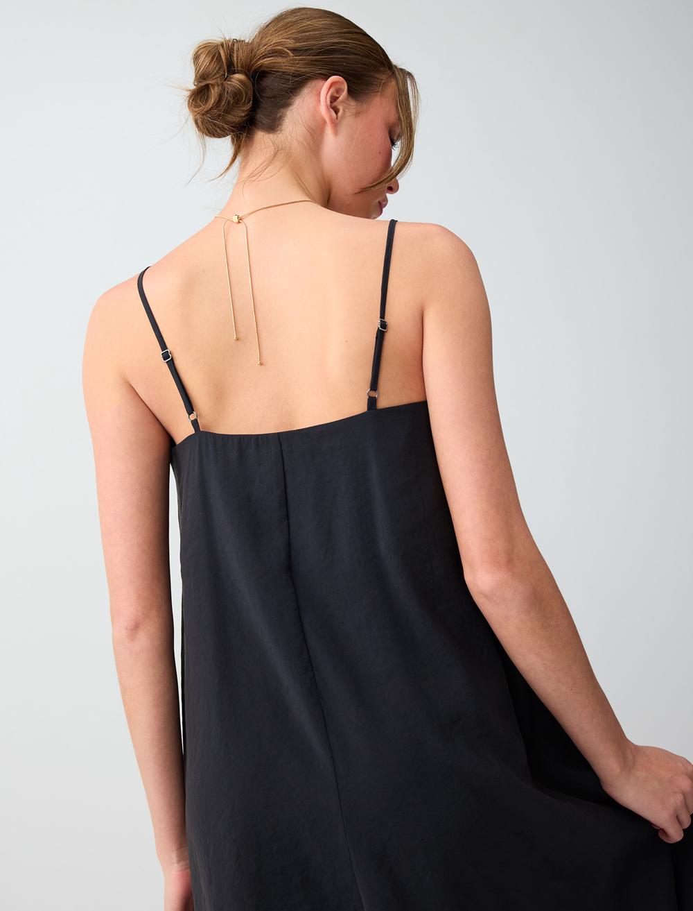 Loose Fit V-neck Spaghetti Strap Dress - Black - 6SW066565900