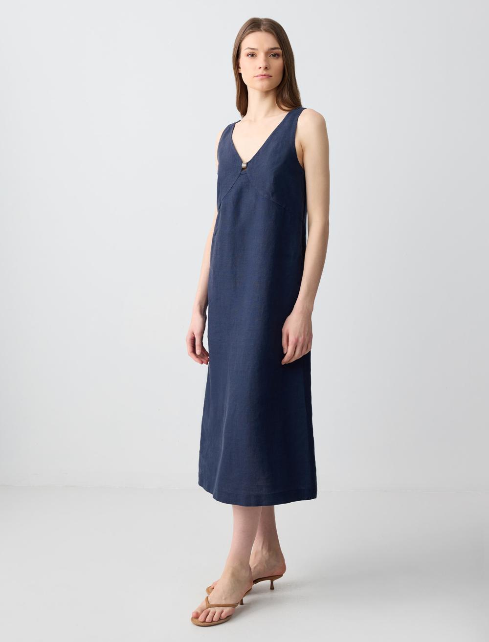 Loose Fit V-Neck Sleeveless-Sleeve Dress - Dark Blue - 5SW062696494