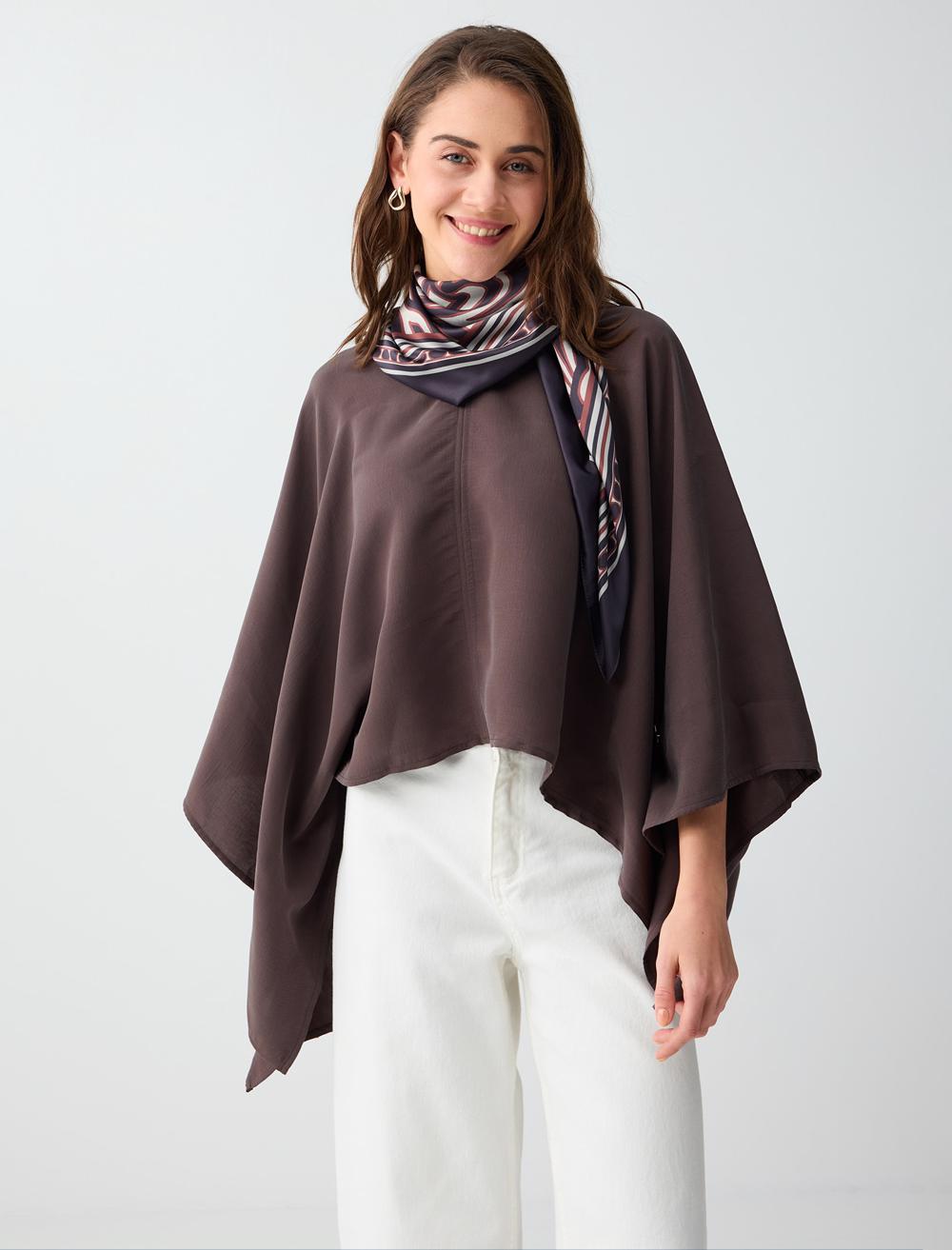 Loose Fit V-Neck Blouse - Brown - 6SW036755803