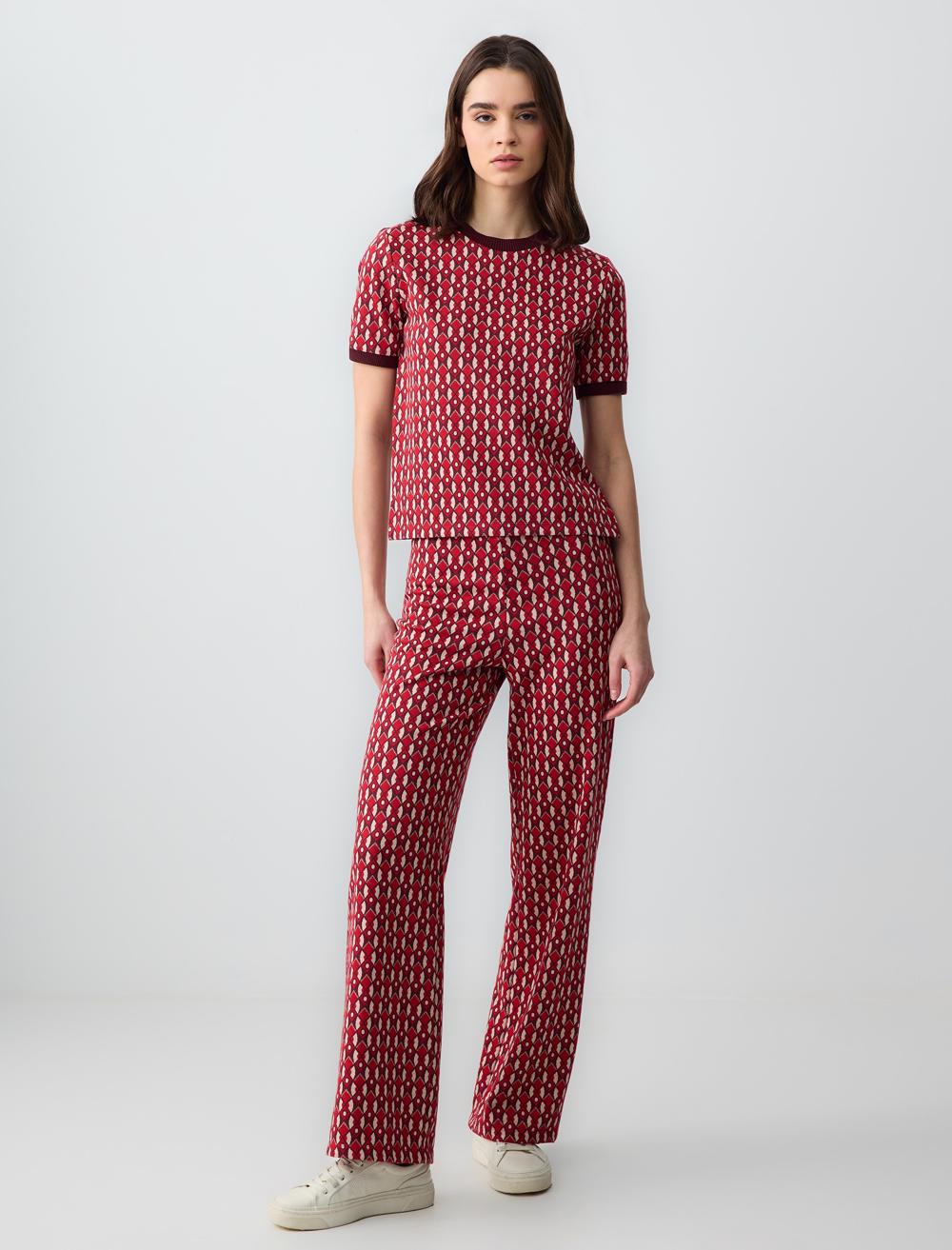 Relaxed Fit High Waist Wide Leg Knitted Patterned Pants