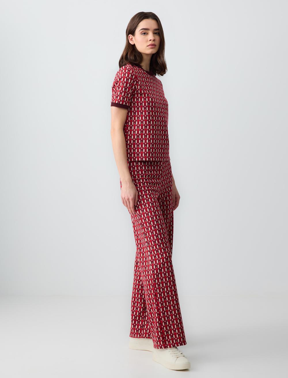 Relaxed Fit High Waist Wide Leg Knitted Patterned Pants