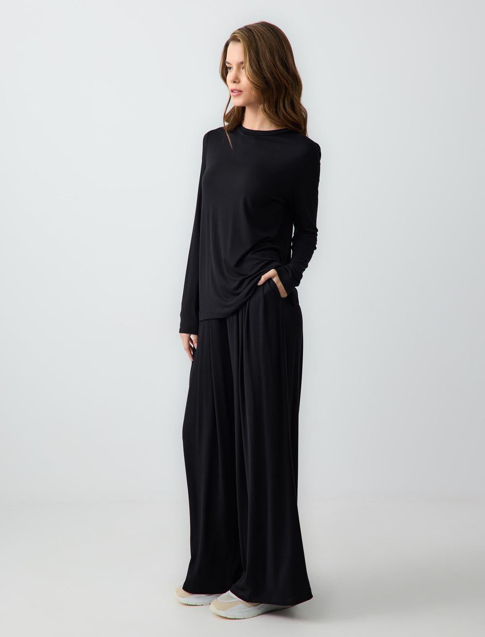 Relaxed Fit High Waist Wide Leg Pleated Knitted Pants